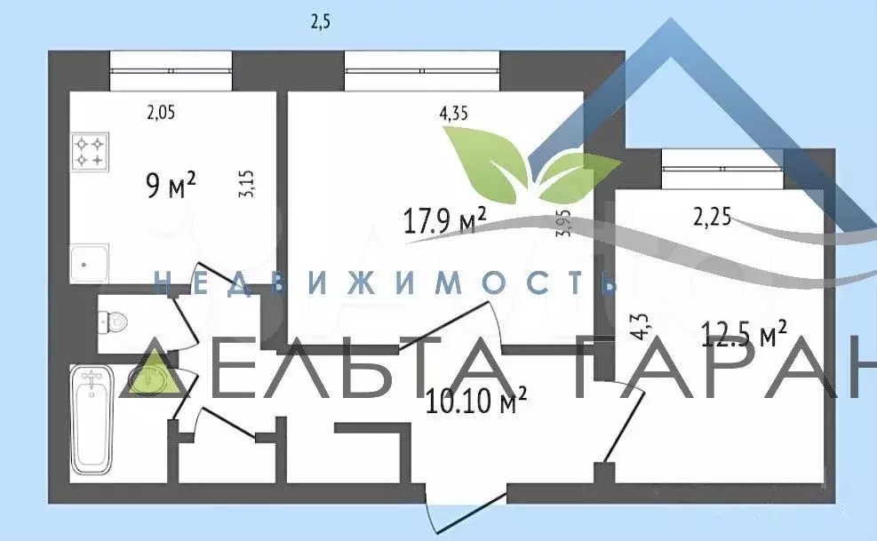 2-к. квартира, 53 м, 1/9 эт. - Фото 0