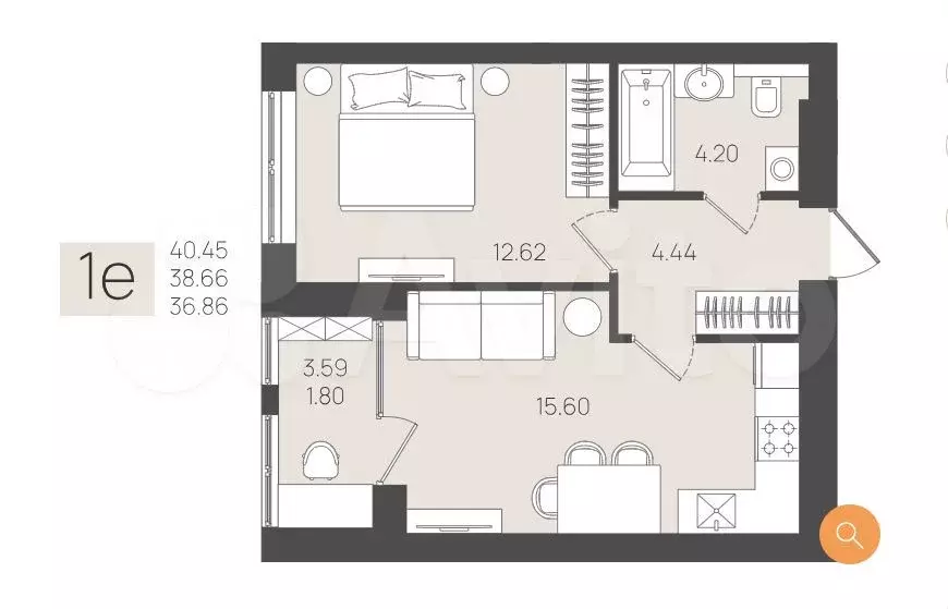 1-к. квартира, 38,7 м, 4/5 эт. - Фото 1