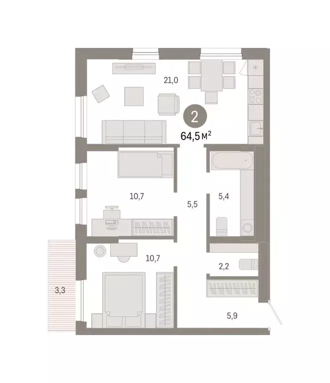 2-комнатная квартира: Тюмень, улица Республики, 205к1 (64.51 м) - Фото 1