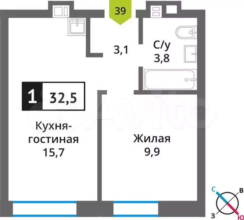 1-к. квартира, 32,5 м, 6/9 эт. - Фото 0