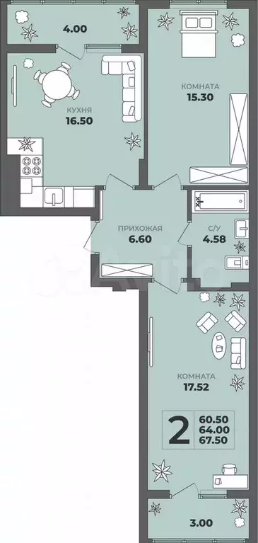 2-к. квартира, 67,5 м, 1/8 эт. - Фото 1