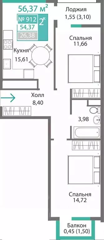 2-к кв. Крым, Симферополь Крымская роза мкр,  (56.37 м) - Фото 0