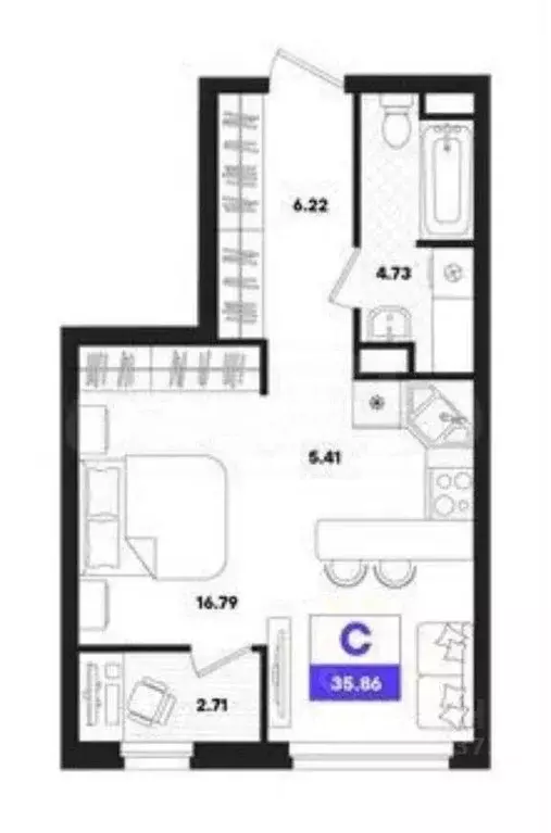Студия Тюменская область, Тюмень ул. Бориса Прудаева, 7А (35.71 м) - Фото 2
