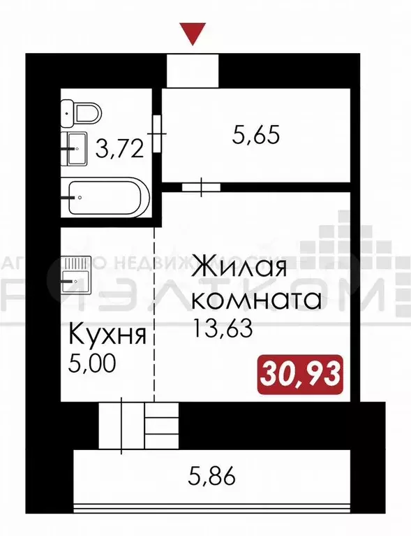 Квартира-студия, 30,9 м, 6/15 эт. - Фото 0