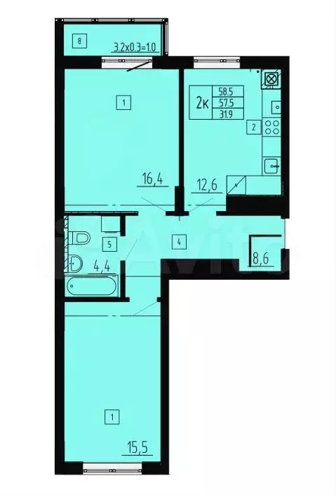 2-к. квартира, 58,5 м, 7/9 эт. - Фото 1