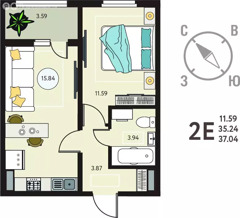 1-комнатная квартира: село Новая Усмань, бульвар Художников, 6 (37.04 ... - Фото 1