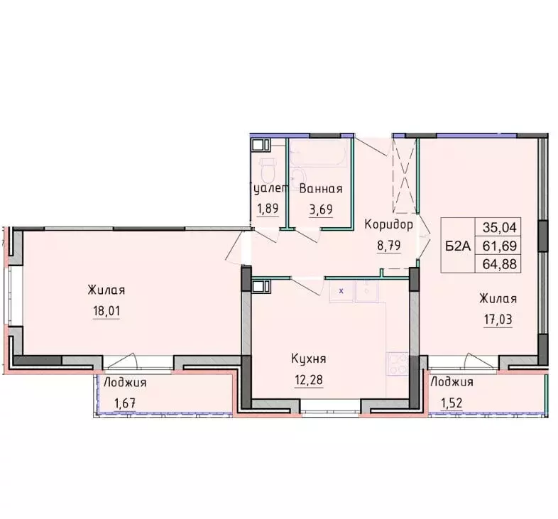 2-комнатная квартира: посёлок Красный Бор, Мирная улица, 7 (64.88 м) - Фото 1