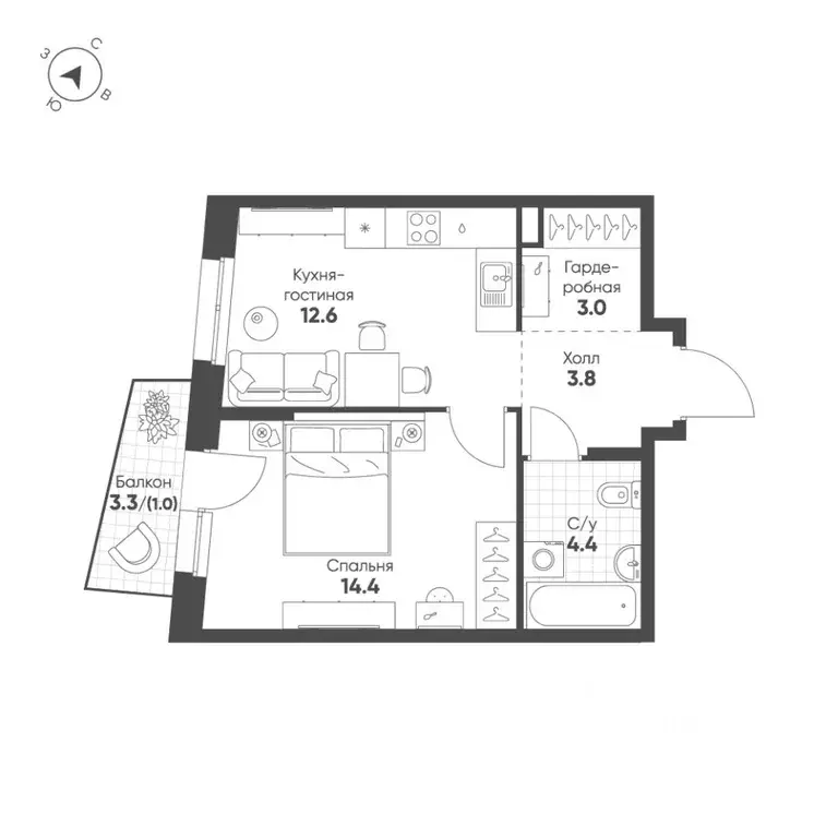 1-к кв. Свердловская область, Екатеринбург Солнечный жилрайон,  (39.2 ... - Фото 1