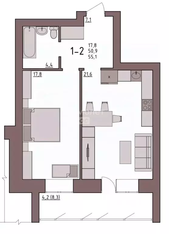 1-к кв. Вологодская область, Вологда Новгородская ул., 38 (52.8 м) - Фото 2