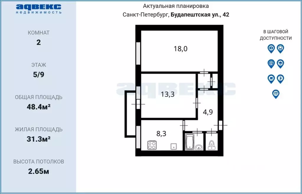 2-к кв. Санкт-Петербург Будапештская ул., 42К3 (48.4 м) - Фото 1