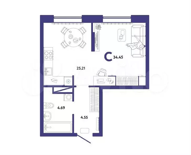Квартира-студия, 34,5 м, 9/16 эт. - Фото 1