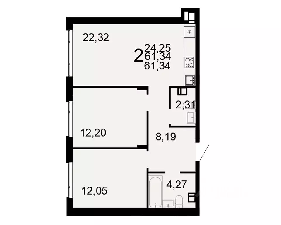 2-к кв. Тульская область, Тула Флагман жилой комплекс (61.34 м) - Фото 1