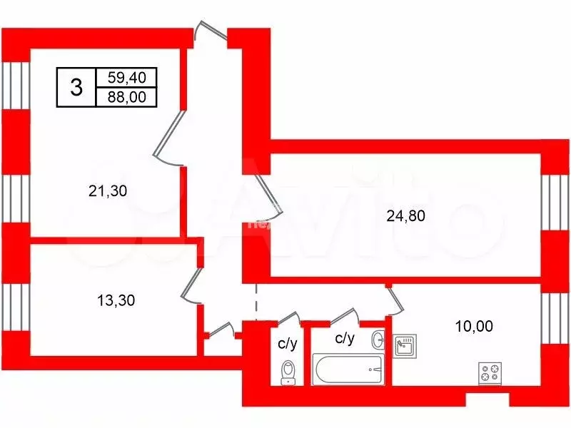 3-к. квартира, 88 м, 2/5 эт. - Фото 0