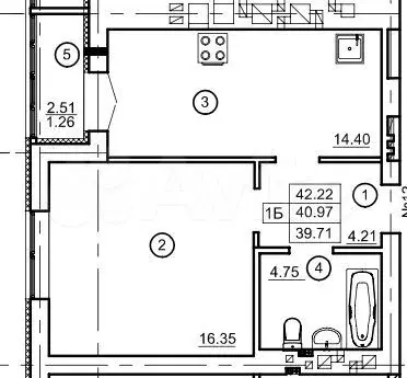 1-к. квартира, 41 м, 6/9 эт. - Фото 1