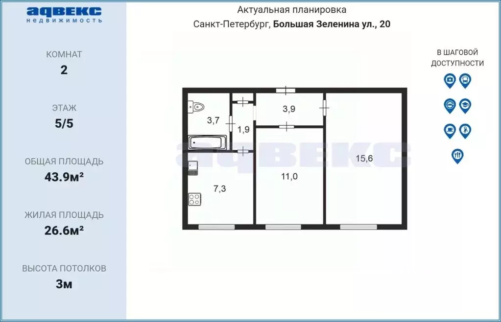 2-к кв. Санкт-Петербург ул. Большая Зеленина, 20 (44.0 м) - Фото 2