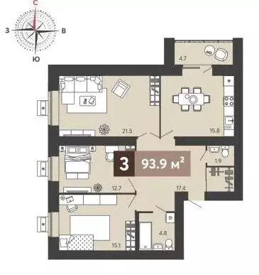Квартира, 3 комнаты, 93.9 м - Фото 1