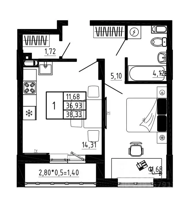 1-к кв. Воронежская область, Воронеж Нижняя ул., 32 (38.33 м) - Фото 1