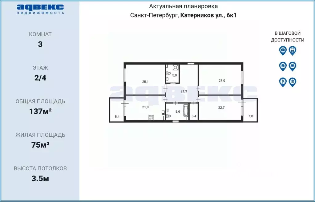 3-к кв. Санкт-Петербург ул. Катерников, 6к1 (137.0 м) - Фото 1