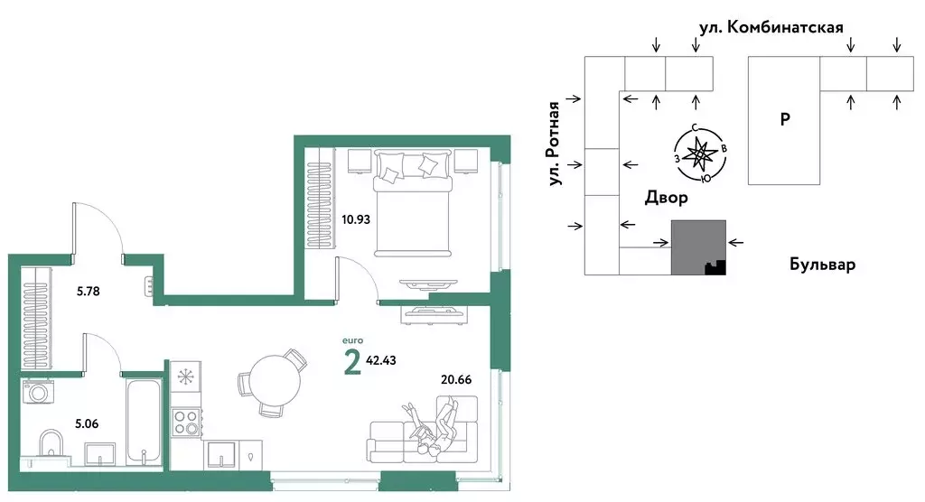 2-комнатная квартира: Екатеринбург, Ленинский район (42.43 м) - Фото 1