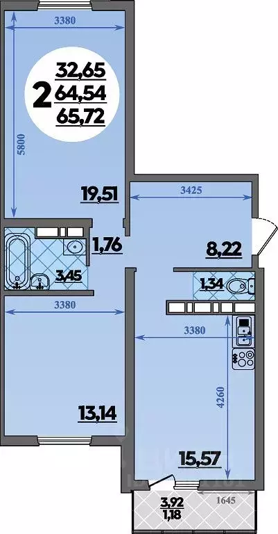 2-к кв. Адыгея, Майкоп ул. Олега Цокова, 4 (65.72 м) - Фото 1