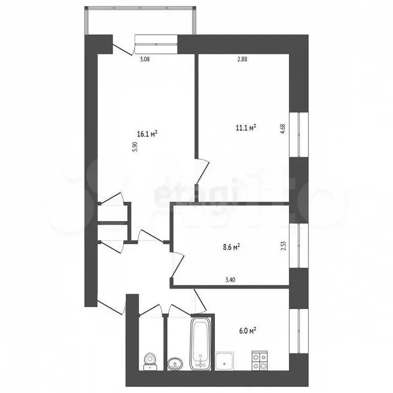 3-к. квартира, 51,8 м, 5/5 эт. - Фото 0