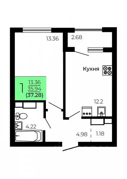 1-к кв. Воронежская область, Воронеж Оникс жилой комплекс (37.28 м) - Фото 1