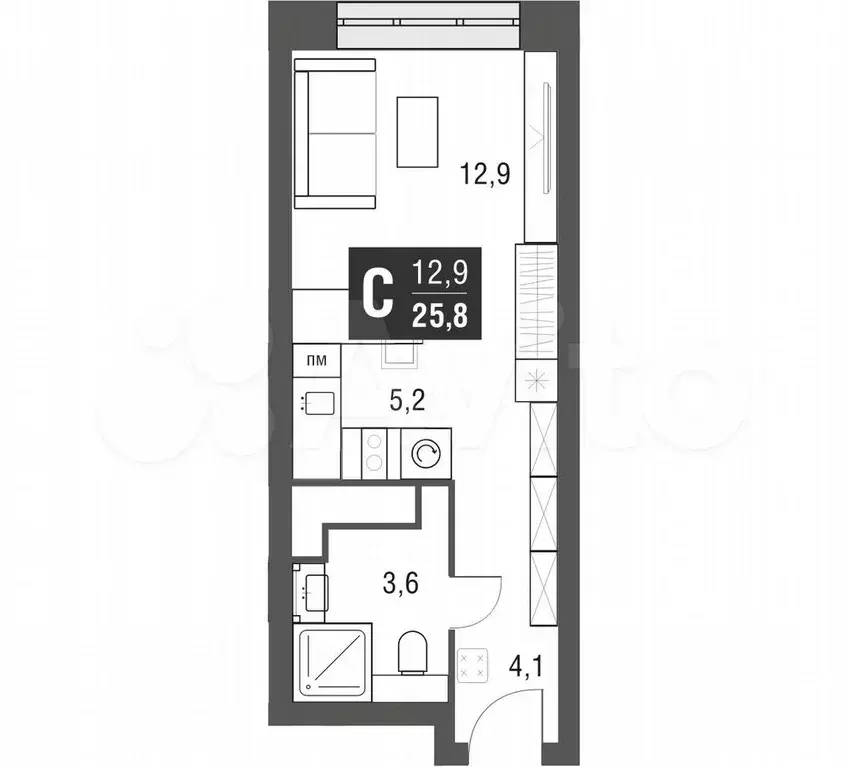 Квартира-студия, 25,5 м, 28/53 эт. - Фото 1