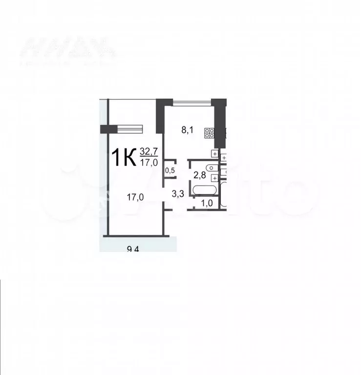 1-к. квартира, 32,7 м, 9/9 эт. - Фото 0