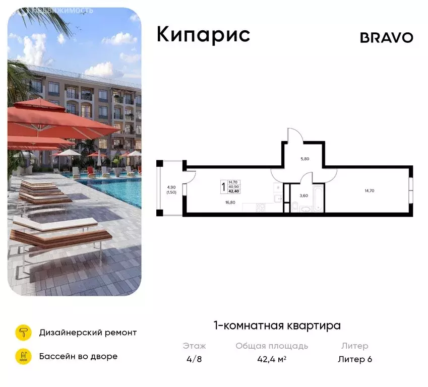 1-комнатная квартира: Сукко, жилой комплекс Кипарис (42.4 м) - Фото 0