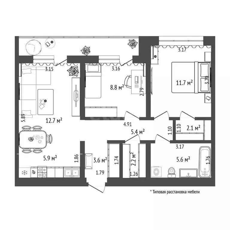 2-комнатная квартира: Тюмень, Причальная улица, 7 (58 м) - Фото 1