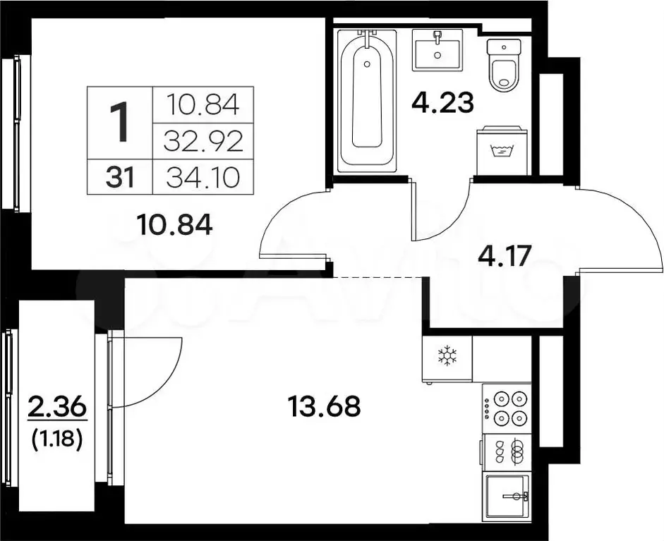 1-к. квартира, 34,1 м, 4/17 эт. - Фото 0