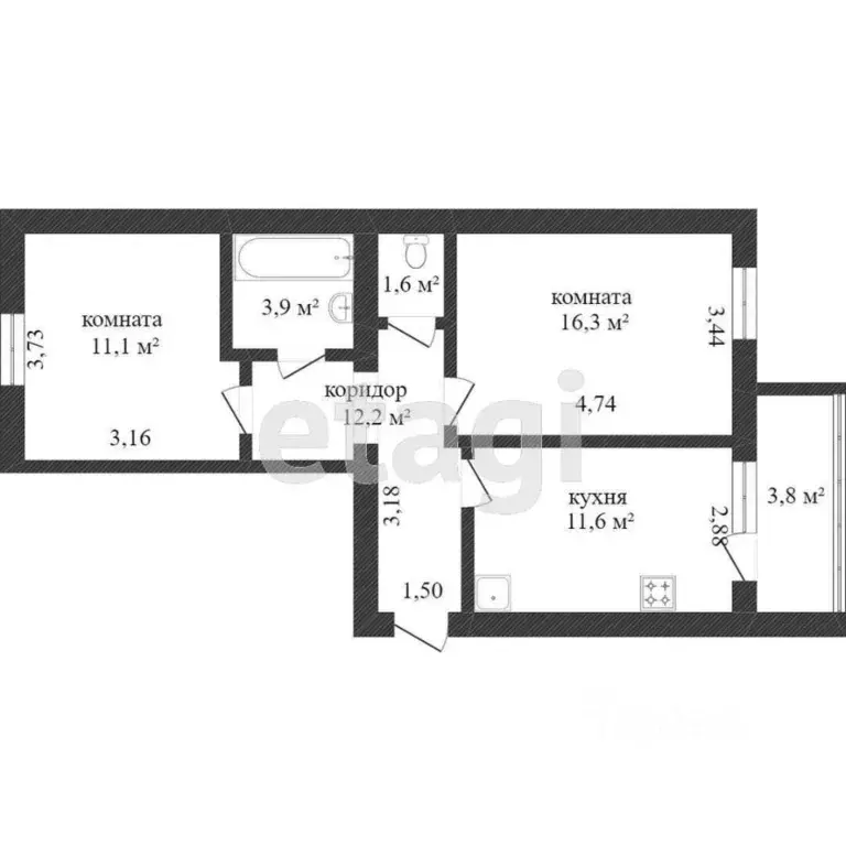 2-к кв. Вологодская область, Вологда ул. Гагарина, 70 (53.8 м) - Фото 2