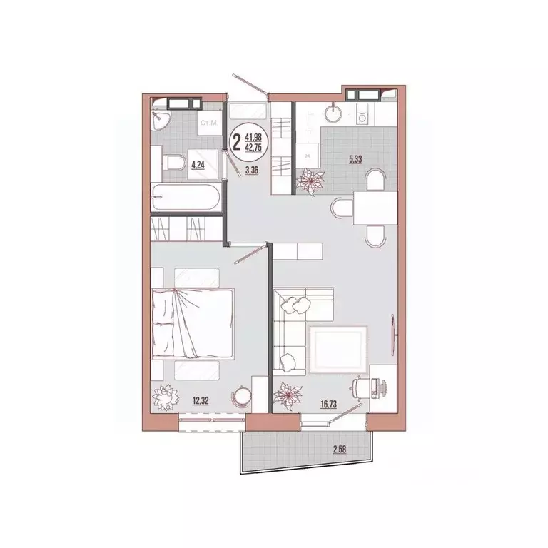 2-к кв. Приморский край, Владивосток ул. Адмирала Юмашева (42.75 м) - Фото 1