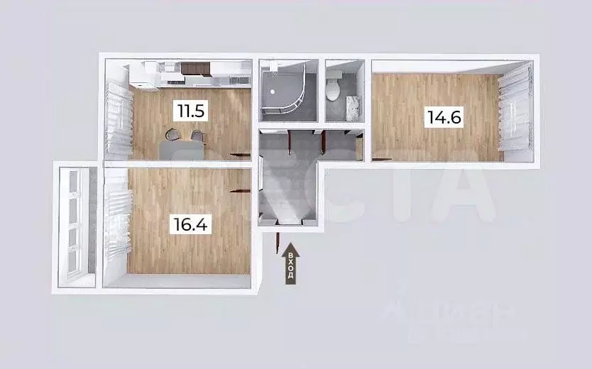 2-к кв. Омская область, Омск ул. Перелета, 18 (55.3 м) - Фото 2