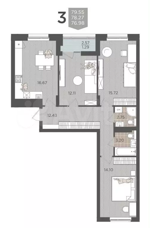 3-к. квартира, 79,5 м, 9/9 эт. - Фото 1