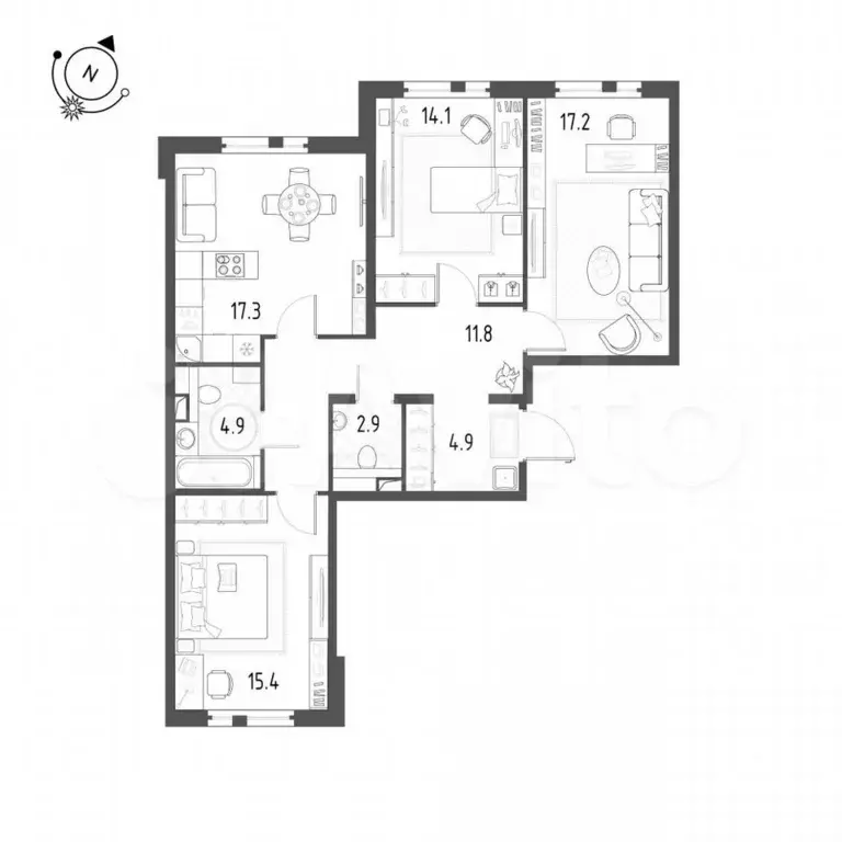3-к. квартира, 88,5 м, 2/12 эт. - Фото 0