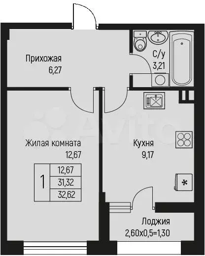 1-к. квартира, 32,6 м, 1/10 эт. - Фото 0