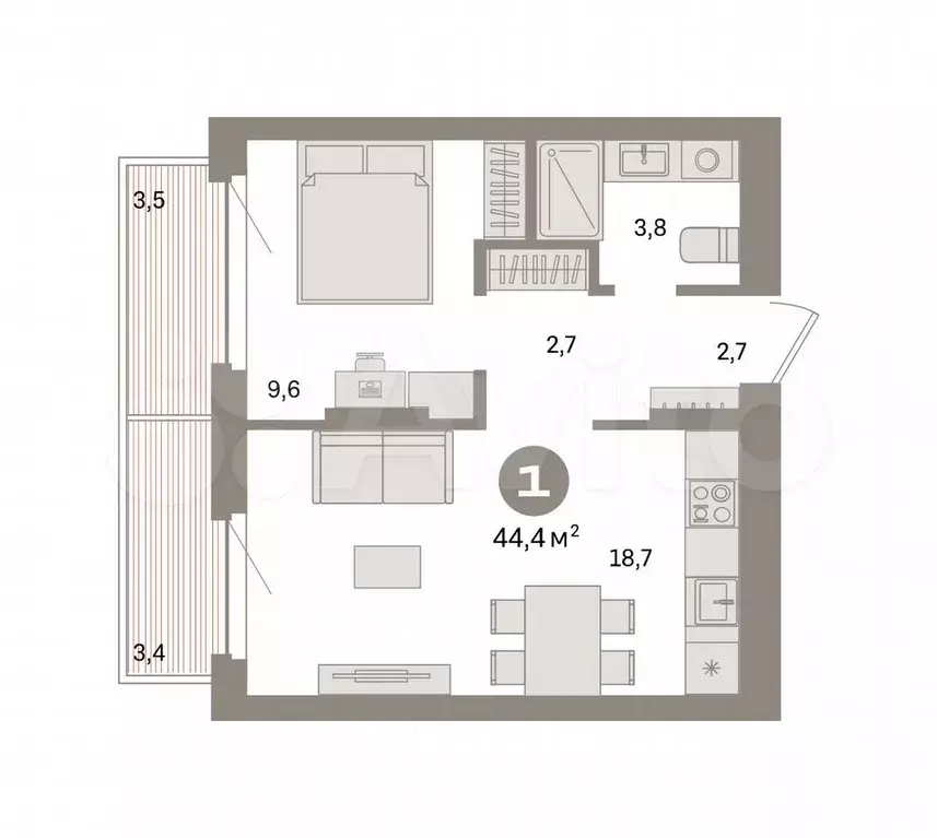 1-к. квартира, 44,4 м, 3/9 эт. - Фото 0