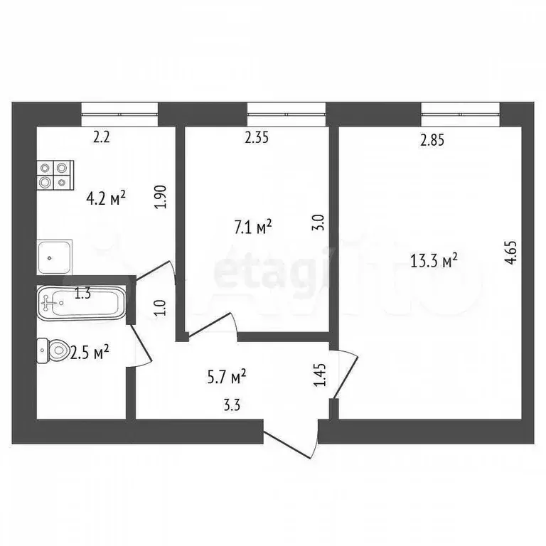 2-к. квартира, 32,8 м, 2/3 эт. - Фото 0