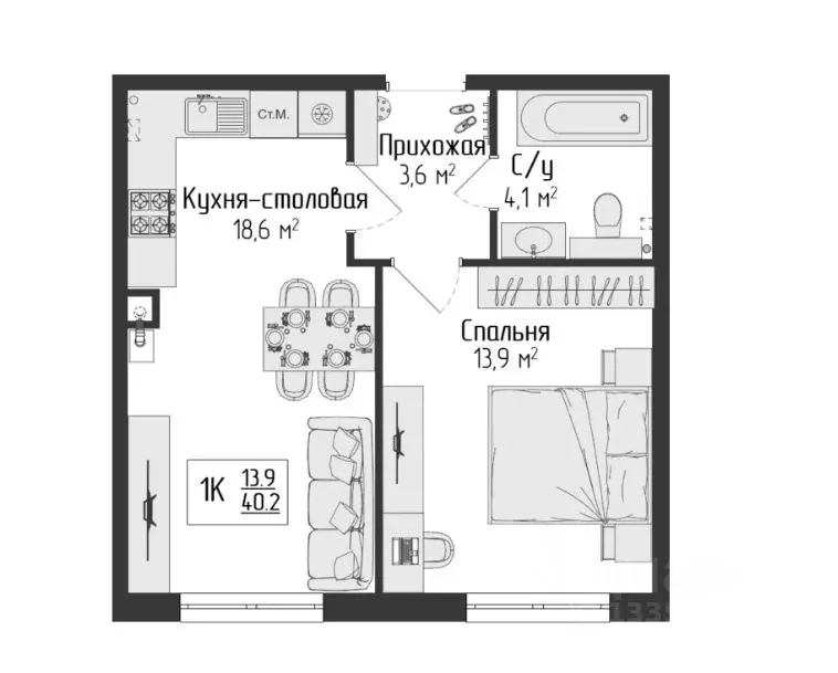 1-к кв. Тульская область, Тула ул. Болдина, 24 (40.2 м) - Фото 2
