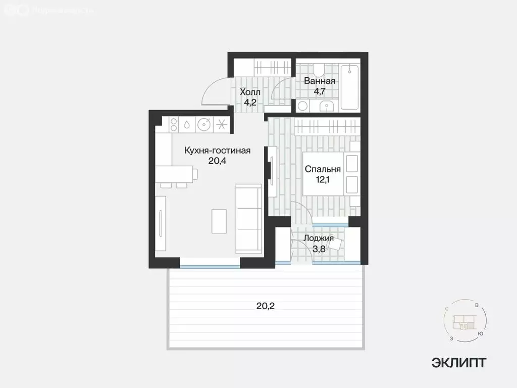 1-комнатная квартира: Тюмень, улица Игоря Комиссарова, 7 (43.19 м) - Фото 1