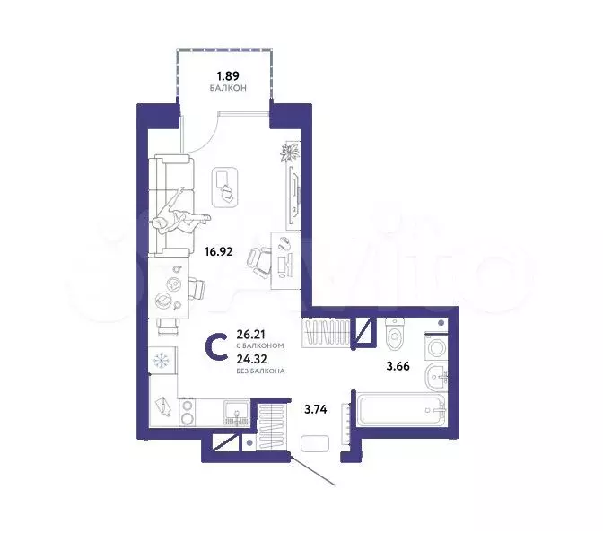 Квартира-студия, 26,2 м, 8/13 эт. - Фото 1