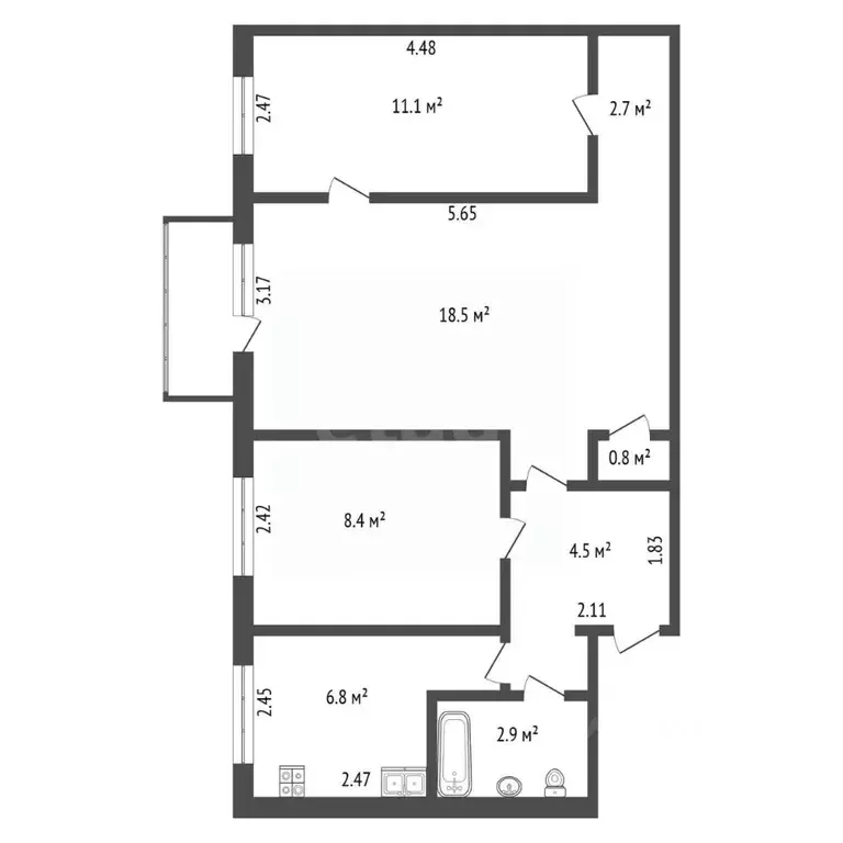 3-к кв. Санкт-Петербург ул. Руставели, 34К1 (55.7 м) - Фото 2