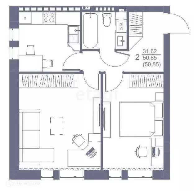 Продаётся 2-к квартира, 50.85 м - Фото 0