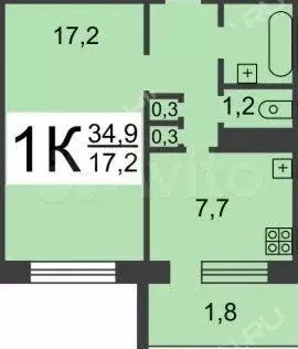 1-к. квартира, 33 м, 8/9 эт. - Фото 0
