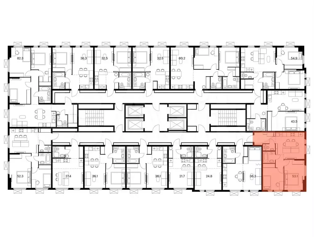 2-к. квартира, 53,1 м, 13/24 эт. - Фото 1