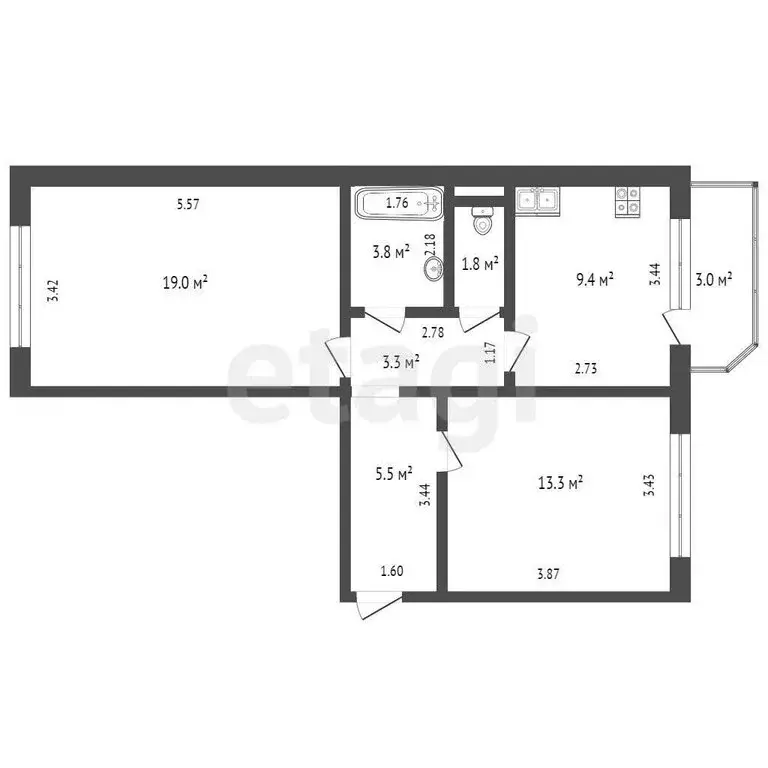 2-комнатная квартира: Тюмень, улица Пермякова, 84 (56.2 м) - Фото 1