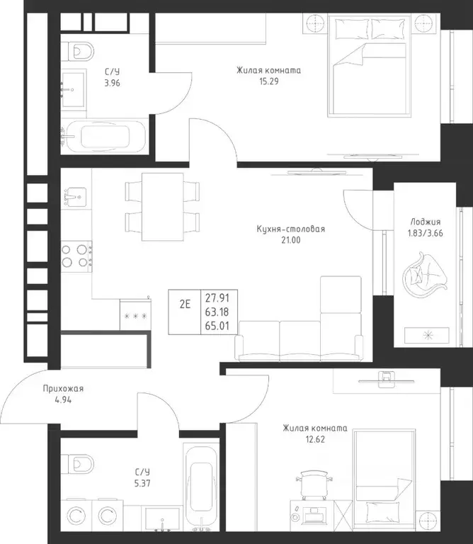 2-к кв. Татарстан, Казань Седьмое Небо жилрайон,  (65.01 м) - Фото 1