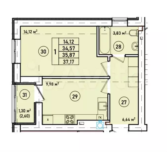 1-к. квартира, 35,9 м, 3/7 эт. - Фото 1