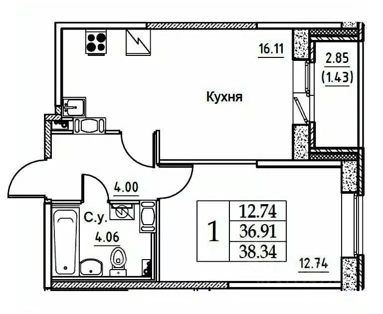 1-к кв. Санкт-Петербург ул. Гудиловская, 9 (38.34 м) - Фото 0